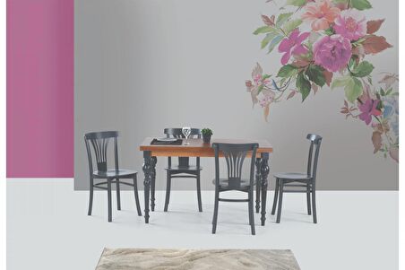 DAMLA SABİT MASA VE DEKOPAJLI SANDALYE TAKIMI, CEVİZ ANTRASİT, 125x80