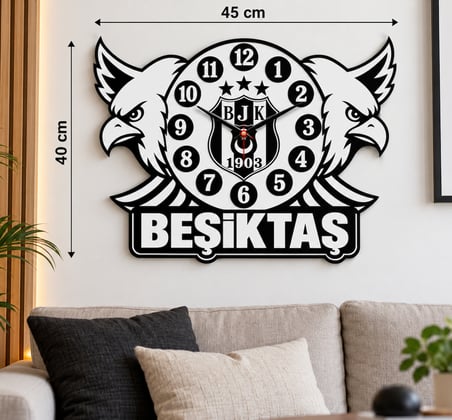 Beşiktaş Çift Kartal Duvar Saati 45x40 cm 3 mm MDF Kişiye Özel İsimli Taraftar Dekorasyonu