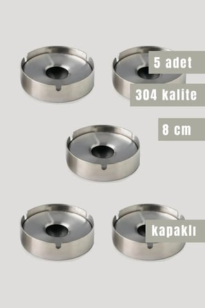 5'li Paslanmaz Çelik Kapaklı Küllük Seti | 8 cm Metal Küllük | Restoran, Kafe, Otel ve İşletmeler İçin Dayanıklı Kültablası