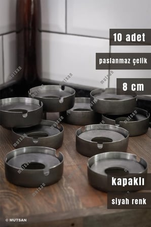 10'lu Siyah Paslanmaz Çelik Kapaklı Küllük Seti | 8 cm 430 Kalite | Restoran, Kafe Ve Otel