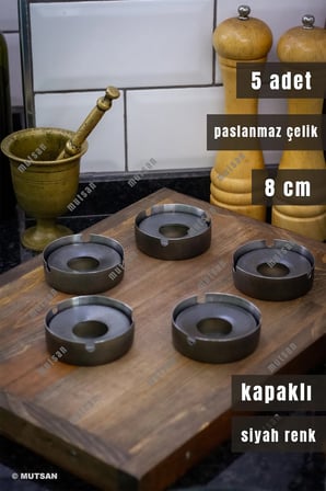 5'li Siyah Paslanmaz Çelik Kapaklı Küllük Seti | 8 cm 430 Kalite | Restoran, Kafe ve Otel