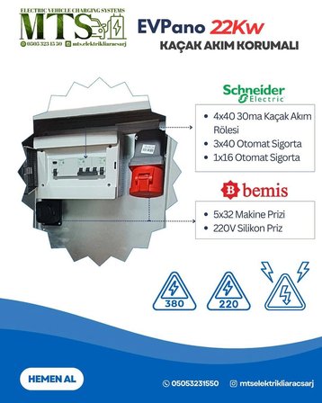 22 Kw 5/32 SCHNEİDER Pano 60 40 20 cm Seyyar Taşınabilir Elektrikli Araç Şarj Cihazı Kombinasyon Kutusu Besleme Panosu Kullanıma Hazır SCHNEİDER Sigorta ve Kaçak Akım Rolesi 22KW