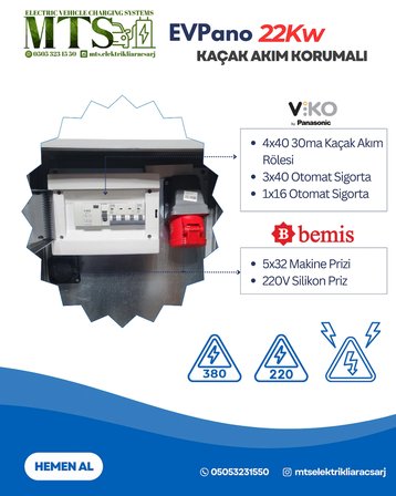 22 Kw 5/32 Vıko Pano 60 40 20 cm Seyyar Taşınabilir Elektrikli Araç Şarj Cihazı Kombinasyon Kutusu Besleme Panosu Kullanıma Hazır Vıko/panasonic Sigorta ve Kaçak Akım Rolesi 22KW
