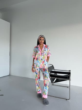 Muah Cappadocia Dream Kadın Saten Pijama Takımı Balon Desenli Kısa Kollu Pembe