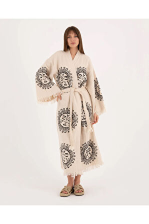 Müslin Kimono %100 Pamuklu Güneş Baskılı Desenli Bornoz Kaftan Sabahlık