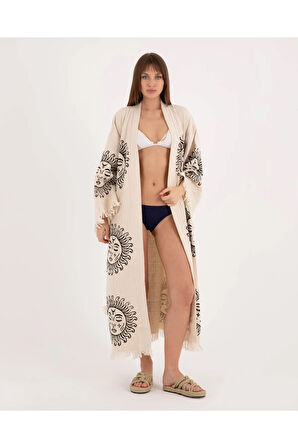 Müslin Kimono %100 Pamuklu Güneş Baskılı Desenli Bornoz Kaftan Sabahlık