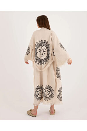 Müslin Kimono %100 Pamuklu Güneş Baskılı Desenli Bornoz Kaftan Sabahlık