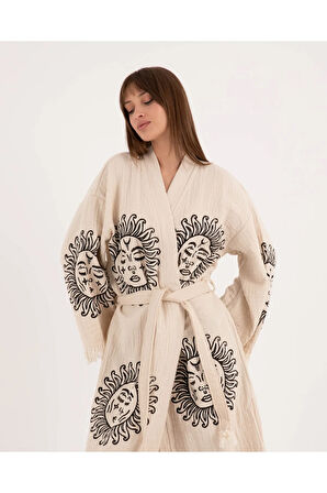 Müslin Kimono %100 Pamuklu Güneş Baskılı Desenli Bornoz Kaftan Sabahlık
