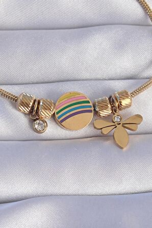 MuI MuI 316L Çelik Gold Renk Zirkon Taşlı Gökkuşağı Tasarımlı Yusufçuk Bileklik