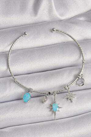 MuI MuI Pirinç Gümüş Renk Sallantı Zirkon Taşlı Kutup Yıldız Figür Charm Bileklik