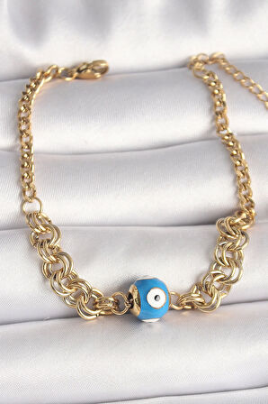 MuI MuI 316L Çelik Gold Renk Halka Zincir Model Nazar Boncuk Figür Kadın Bileklik