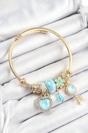 MuI MuI 316L Çelik Mavi Zirkon Taşlı Anahtar Ve Kalp Model Gold Renk Charm Bileklik