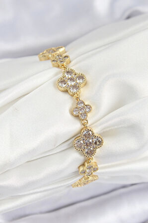 MuI MuI Pirinç Zirkon Taşlı Yonca Model Gold Renk VIP Seri Kadın Bileklik
