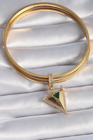 MuI MuI Pirinç Gold Renk Zirkon Taşlı 3D Üçgen Model Ajda Charm