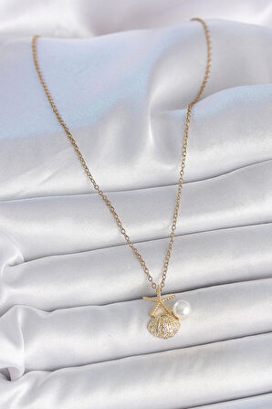 MuI MuI 316L Çelik Gold Renk Zincir Zirkon Taşlı Deniz Kabuğu Model İnci Detay Kadın Kolye