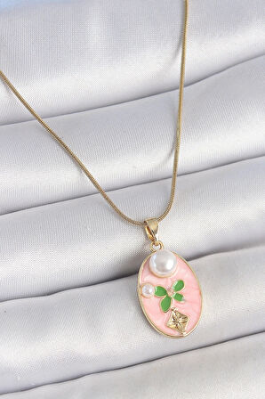 MuI MuI 316L Çelik Gold Renk Zincir Pembe Mineli Oval İncili Çiçek İşlemeli Portre Model Kadın Kolye