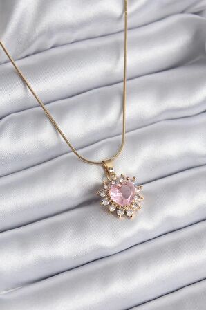 316L Çelik Gold Renk Zirkon Taşlı Kalp Model Kadın Kolye