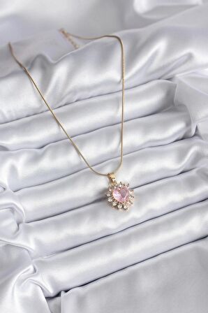 316L Çelik Gold Renk Zirkon Taşlı Kalp Model Kadın Kolye