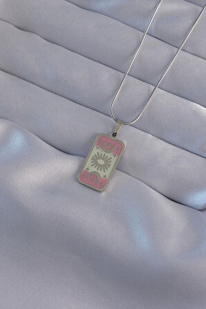 MuI MuI 316L Çelik Gümüş Renk Pembe Mineli Ay Figür Tarot Kolye