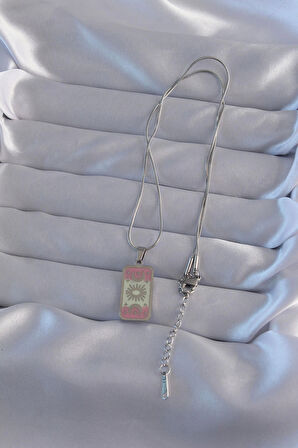 MuI MuI 316L Çelik Gümüş Renk Pembe Mineli Ay Figür Tarot Kolye