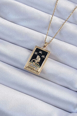 MuI MuI 316L Çelik Zincir Altın Renk Zirkon Taşlı Siyah Mineli Kız Figürlü Tarot Kolye