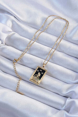 MuI MuI 316L Çelik Zincir Altın Renk Zirkon Taşlı Siyah Mineli Kız Figürlü Tarot Kolye