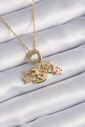 MuI MuI 316L Çelik Gold Renk Zirkon Taş Detay Çocuk Figür Charm Model Kadın Kolye