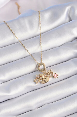 MuI MuI 316L Çelik Gold Renk Zirkon Taş Detay Çocuk Figür Charm Model Kadın Kolye
