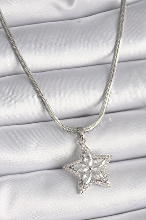 MuI MuI 316L Çelik Gümüş Renk İtalyan Zincir Zirkon Taşlı Yıldız Model Kadın Kolye
