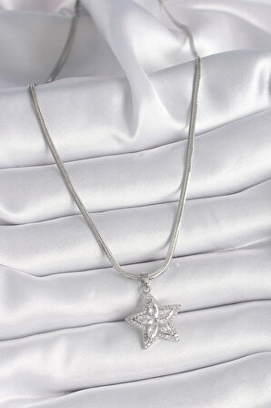 MuI MuI 316L Çelik Gümüş Renk İtalyan Zincir Zirkon Taşlı Yıldız Model Kadın Kolye