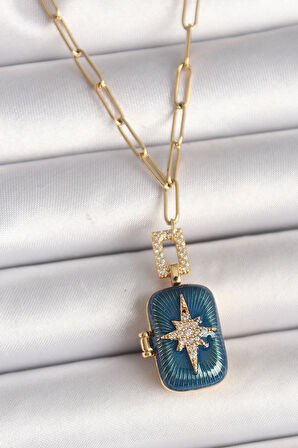 MuI MuI 316L Çelik Gold Renk Açılır Mavi Sandık Model Zirkon Taşlı Kutup Yıldız İşleme Model Kadın Kolye