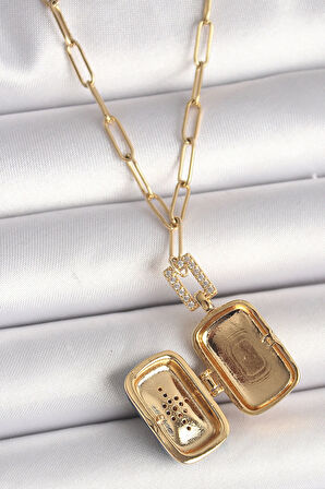 MuI MuI 316L Çelik Gold Renk Açılır Mavi Sandık Model Zirkon Taşlı Kutup Yıldız İşleme Model Kadın Kolye