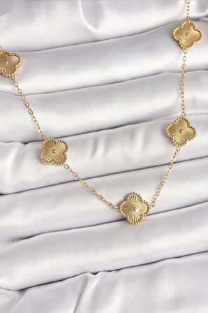 MuI MuI 316L Çelik Gold Renk Zincir İşlemeli Yonca Model Kadın Kolye