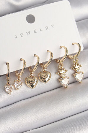 MuI MuI Pirinç Gold Renk Sallantı Zirkon Taşlı Kalp Model Taç Detay Kadın Küpe Seti