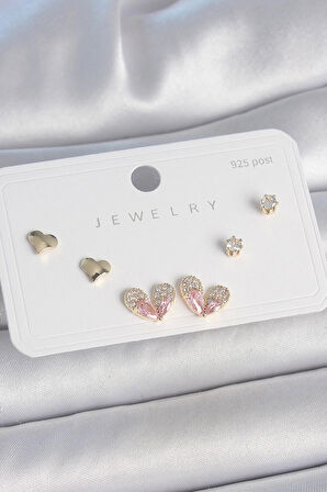 MuI MuI Pirinç Gold Renk Pembe Zirkon Taşlı Kalp Model 925 Ayar Gümüş Çivi Kadın Küpe Seti