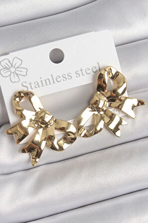MuI MuI 316 Çelik Gold Renk Kurdele Plaka Model Kadın Küpe