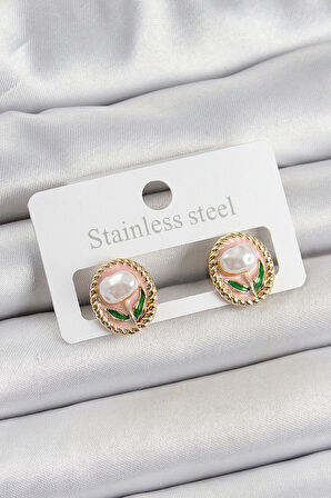 MuI MuI Pirinç Pembe Mineli Lale Figürlü Sanatsal Portre Model Gold Renk Kadın Küpe
