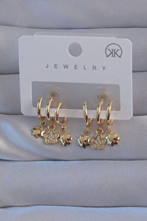 MuI MuI Pirinç Gold Renk Zirkon Taşlı Çiçek Model Çoklu Görünüm Yarım Halka Küpe