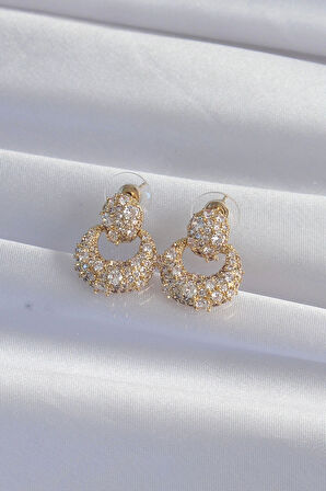 MuI MuI Pirinç Gold Renk Zirkon Taşlı Oval Form Küpe