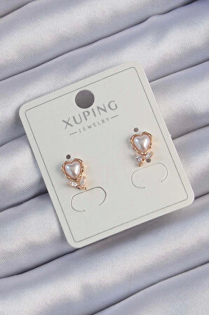 MuI MuI Xuping Rose Renk Zirkon Taşlı İncili Çiçek Görünümlü Kalp Küpe