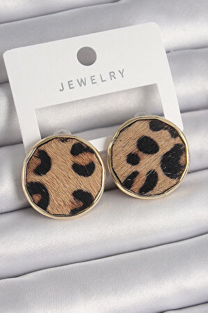 MuI MuI Pirinç Gold Renk Daire Plaka Model Leopar Desenli Kadın Küpe