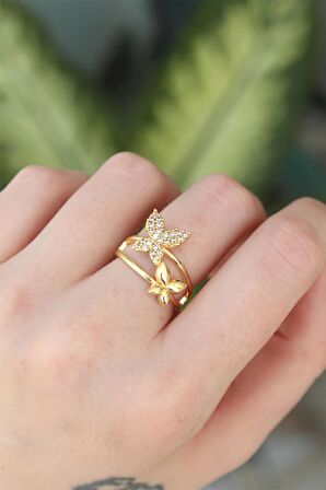 MuI MuI Pirinç Gold Renk Ayarlanabilir Zirkon Taşlı Kelebek Yüzük