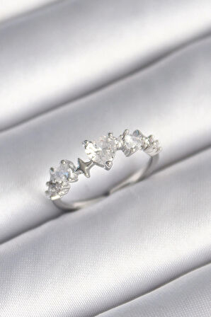 MuI MuI Pirinç Gümüş Renk Zirkon Taşlı Kalp Model Yıldız Detay Kadın Yüzük