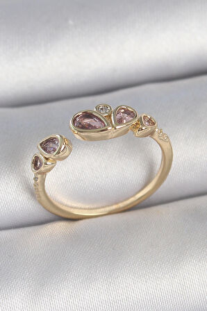 MuI MuI Pirinç Gold Renk Pembe Damla Zirkon Taşlı Ayarlanabilir Kadın Yüzük