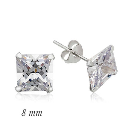 MuI MuI Gümüş Kare Tek Taş Zirkon Küpe - 8 mm