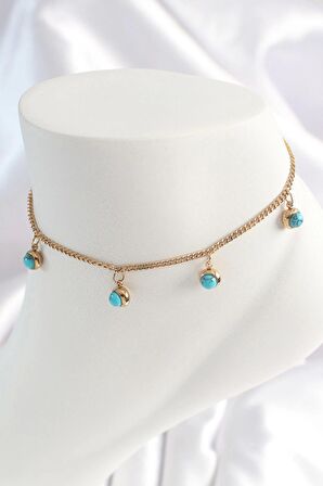 MuI MuI 316L Çelik Gold Renk Zincir Model Mavi Taşlı Sallantı Figür Kadın HalHal