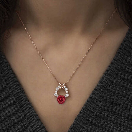 MuI MuI ​​Gümüş Rose Kırmızı Gül Kolye