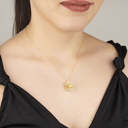 MuI MuI Gümüş Gold Beyaz Taşlı Lotus Çiçeği Kadın Kolye