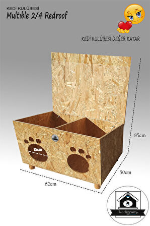 Kedigram Kedi Kulübesi Su Geçirmez Tek Katlı Açılır Kapaklı Kedi Evi Açık Kahverengi - Kırmızı 