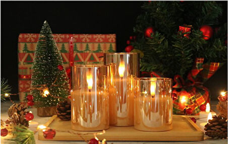 3D Mum Efektli 3'lü Mum Set, Pilli Dekoratif Mum Efektli Şamdan, Masa, Gece Lambası 3'lü Mum Set
